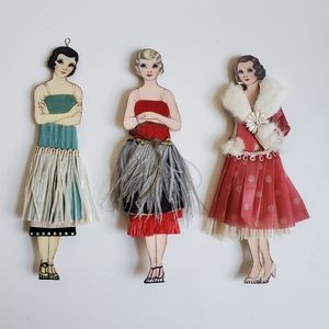 Amazing Flapper Party Girl Paper Doll Ornaments with Glitter Stands